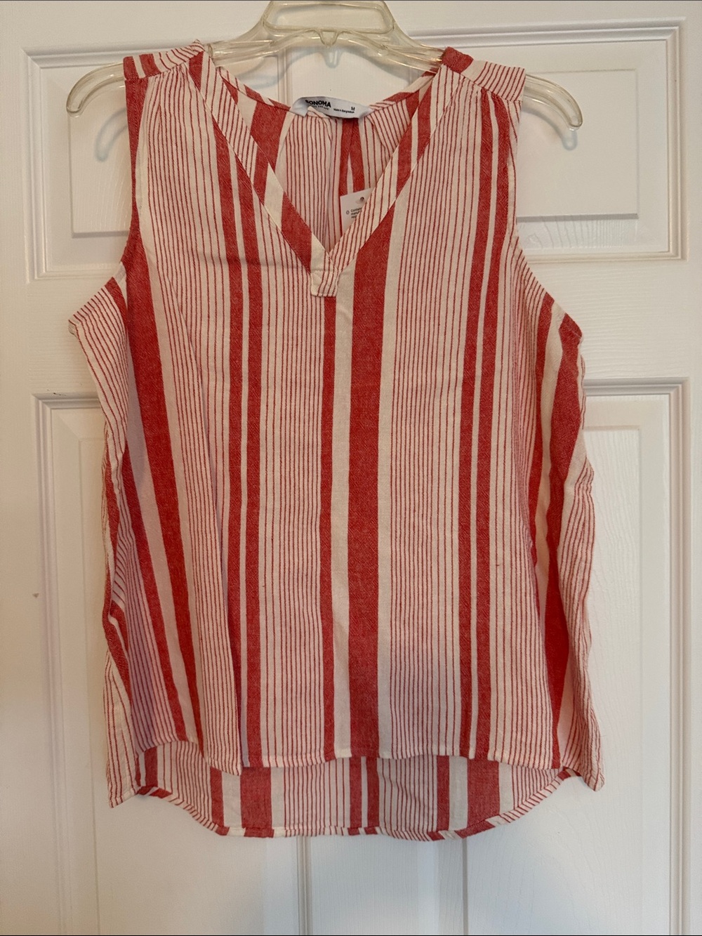 Sleeveless Red & White Striped V-Neck Top Linen Cool Summer Vacation